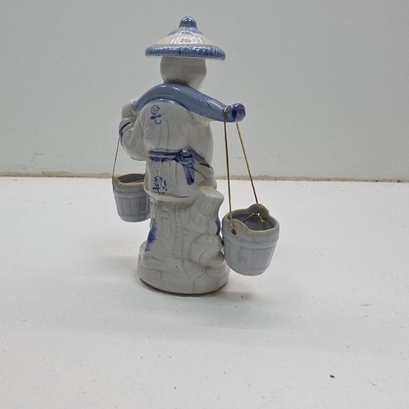 Vintage Chinese Porcelain Blue White Fisherman Figurine Water Buckets and Fish - Picture 5 of 9